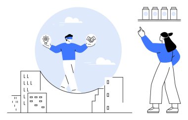 Ampul ve tokalaşmayı dengeleyen bir kişi şehir manzarası üzerinde başka bir gözlemci ise hedefleri işaret ediyor. Yenilik, takım çalışması, kentsel gelişim, odaklanma, liderlik, stratejik ilerleme için ideal. Düz basit