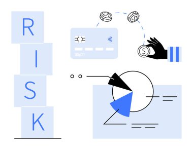 Yığınla RISK bloğu, pasta grafiği, kredi kartı ödemesi ve el değiştirmesi. Finans, yatırım, karar verme, kredi stratejisi ekonomisi ve bütçe için ideal. Düz basit metafor