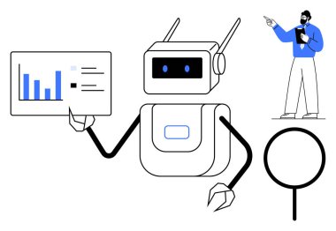 Robot veri tablosu tutuyor, adam işaretleyici ve büyüteçle içgörü sunuyor. Teknoloji, otomasyon, yapay zeka, veri analizi, yenilik eğitimi araştırmaları için ideal. Düz basit metafor