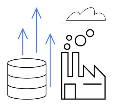 Fabrika yayan daireler, veri tabanından yükselen oklar ve bir bulut çizgisi. Teknoloji, yenilik, endüstriyel büyüme, veri analizi, enerji üretimi sürdürülebilirliği için idealdir. Düz basit
