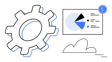 Bir pasta grafiği ve bir dolar simgesinin yanında otomasyonu sembolize eder. Bulut dijital aletleri ima eder. İş, teknoloji, işlemler, finans, veri, bulut hesaplama, düz basit metafor