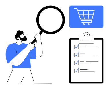 Elinde büyüteç tutan adam işaretli görevlerle birlikte dijital alışveriş arabasıyla kontrol listesi tutuyor. E-ticaret, analiz, kontrol listeleme, planlama, organizasyon, görev yönetimi için ideal, çevrimiçi