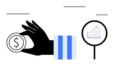 Siyah el bir dolar sembollü bozuk para tutuyor, büyüteç bir büyüme grafiğini vurguluyor. Finans, yatırım, iş büyümesi, strateji, analiz, tasarruf karlılığı için ideal. Düz basit