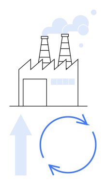 Fabrika duman yayıyor dairesel geri dönüşüm okları ve yukarı doğru eğilim oku. Sanayi, sürdürülebilirlik, geri dönüşüm, yenilik, çevre, büyüme ve enerji verimliliği için idealdir. Basit düz