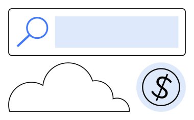 Arama çubuğunda büyüteç, bulut sembolü ve dijital ekonomiyi gösteren dolar işareti, online arama, bulut hesaplama, e-ticaret, finans, internet hizmetleri ve internet yeniliği. İdeal