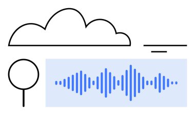 Soyut bulut, maviyle ses dalgası, veri ve bağlantıyı temsil eden çizgiler ve şekiller. Teknoloji, veri depolama, bulut hesaplama, iletişim, yenilik, ağ dairesi için ideal