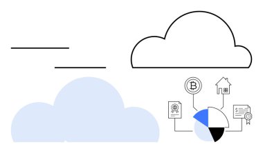 Ana hatları ve bulutları bitcoin, emlak, dokümanlar ve pasta grafiği bağlantıları gibi dijital finans simgeleriyle doldur. Finans, teknoloji, engelleme zinciri ve yatırım verileri için ideal