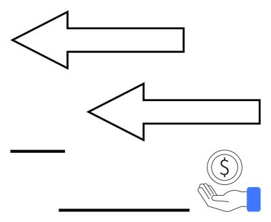 İki kalın ok zıt yönleri işaret ediyor, hareket ya da değiş tokuş öneriyor. Madeni parayı tutan el, maddi etkileşimi ifade eder. Ekonomi, ticaret, işlem, iş, yatırım için ideal