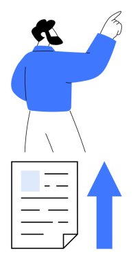 Kağıt ve okun yanında yukarı bakan adam. İlerleme, büyüme, başarı, öğrenme, kariyer motivasyon rehberliği için idealdir. Temiz, düz, basit bir metafor. Çizgi benzetmesi. Basit satır simgeleri