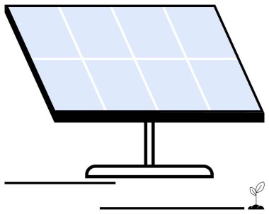 Küçük bir filizlenme bitkisiyle eşleştirilmiş, büyük eğimli güneş paneli. Sürdürülebilirlik, yenilenebilir enerji, çevre dostu teknoloji, yeşil yenilik, çevre bakımı, temiz güç, gelecek