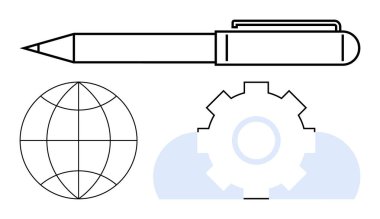 Kalem, dünya ve vites simgeleri yenilik, küresel ulaşım, takım çalışması, teknoloji, üretkenlik eğitimi ve yaratıcılığı iletir. İş planlaması ya da işbirliği için ideal. Düz basit