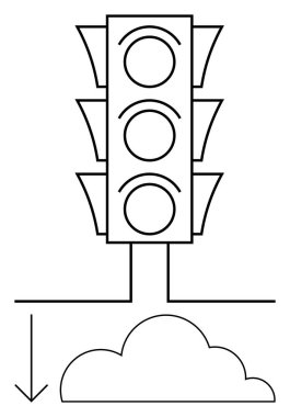 Buluta ve aşağıya doğru giden bir oka bağlı basit trafik ışığı. Otomasyon, ağ, IoT, bulut hesaplama, trafik yönetimi, veri transferi, akıllı sistemler için ideal. Düz basit metafor