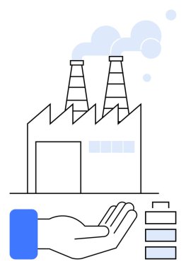 Bacaları duman çıkaran bir fabrika, destek öneren bir el ve bir pil ikonu. Sürdürülebilirlik, enerji, çevre, yenilik, endüstri sorumluluk üretimi için idealdir. Düz basit