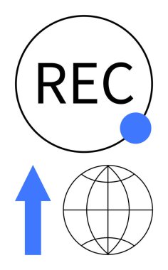 Yuvarlak REC simgesi, mavi nokta, yukarı doğru ok ve kablo küre tasarımı. Medya akışı, veri yüklemesi, küresel iletişim, kayıt, büyüme yenilikçiliği ekip çalışması için ideal. Düz basit metafor