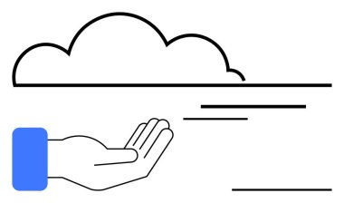 Hareketi simgeleyen, dijital erişimi, bulut depolamayı, yaratıcılığı, paylaşımı, desteği, iş büyümesini ve yeniliği simgeleyen minimum çizgilere sahip bir bulutun altında açık bir el. Düz basit metafor için ideal
