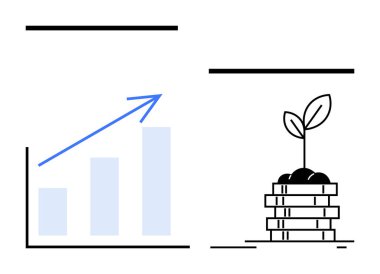 Çubuk grafiği yukarı bakan bir okla arttırıyorum para yığınlarından çıkan bir bitki ile birlikte. Büyüme, finans, yatırım, sürdürülebilirlik, iş ilerlemesi, eko-finansman, ekonomik
