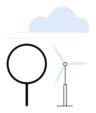 Bulut ve büyüteç altında dönen bıçakları olan minimalist rüzgar türbini. Temiz enerji, çevre araştırması, yenilik, sürdürülebilirlik, yenilenebilir kaynaklar, analiz, düz basit