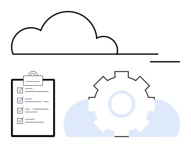 Görev yönetimini, bulut entegrasyonunu ve iş akışı optimizasyonunu temsil eden teçhizat ve kontrol listesi simgesine sahip bulut sembolü. Teknoloji, verimlilik, organizasyon, sistem verimliliği için ideal, SaaS