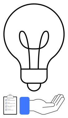 Ampul fikirleri sembolize eder, el desteği, kontrol listesi planlamayı ve hedef belirlemeyi. Yenilik, strateji, yaratıcılık, takım çalışması, verimlilik planlama başarısı için idealdir. Düz basit