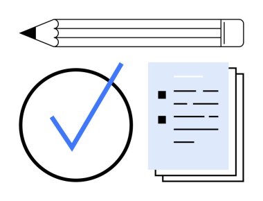 Çemberin içinde kurşun kalem, mavi işaret ve görev tamamlama, planlama ve organizasyonu sembolize eden kontrol listesi ile istiflenmiş kağıtlar. Üretkenlik, eğitim, kontrol listesi oluşturma ve görev için ideal