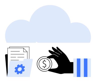 Belgeler ve vites simgesiyle dolu bir arkaplan, bozuk para tutan bir el. Finans, veri depolama, bulut teknolojisi, otomasyon, dijital çözümler, iş yeniliği için ideal. Düz basit