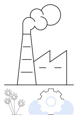 Fabrika duman, dişli sembolü ve yakında bitkiler yayıyor. Sürdürülebilirlik, endüstri, teknoloji, üretim, kirlilik, eko-farkındalık ve yenilik için ideal. Düz basit metafor