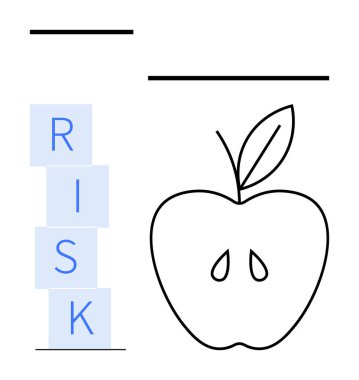Yığılmış RISK bloklarının yanında çekirdekli Apple Line Art. Sorun çözme, karar verme, analiz, iş sorunları, stratejik planlama, sağlık ve soyut düz metafor için ideal