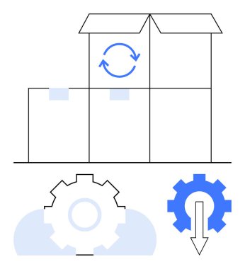 Döndürme oku, vites sembolleri ve simge indirilmiş kutular. Lojistik, verimlilik, otomasyon, tedarik zinciri, teknoloji iş akışı, depolama organizasyonu için ideal basit metafor