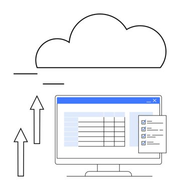 Veri yüklemek için okları olan bulut, hesap tablosunu görüntüleme ve liste örtüşmesini izle. Veri yönetimi, bulut depolama, görev organizasyonu, dijital iş akışı, üretkenlik, uzaktan çalışma için ideal