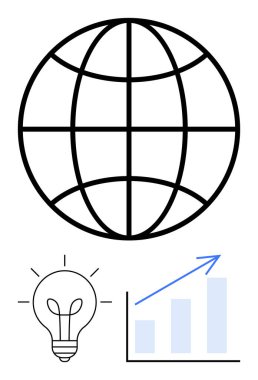 Küre hatları, parlayan ampuller ve yenilik, küresel ulaşım ve ekonomik büyüme ile ilgili okları gösteren yukarı doğru çizelge. Teknoloji, iş stratejisi, yenilik ve küresel fikirler için ideal başarı