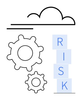 RİSK bloklarının yanında bulut anahatları altında istiflenmiş vitesler takım çalışmasını, problem çözmeyi ve belirsizliği simgeliyor. Yenilik, strateji, planlama, risk yönetimi, iş süreçleri için ideal
