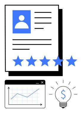 Beş yıldızlı bir profil sayfası, veri performans grafiği ve para tasarrufu fikri olan bir ampul. İş, analitik, geri bildirim, performans, verimlilik kariyer büyümesi için ideal. Düz