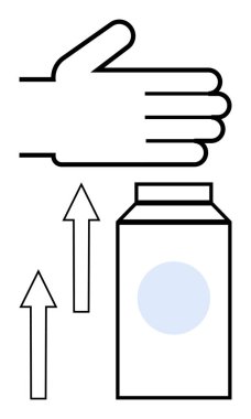 Yukarıya doğru oklarla dolu bir şişenin üzerine yerleştirilmiş bir el, rehberlik, dikkat ya da yukarı doğru bir yön anlamına gelir. Güvenlik, eğitim, prosedür, sağlık farkındalığı için ideal basit bir metafor.