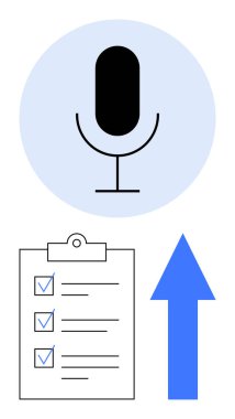 Mavi çemberin içindeki mikrofon, tamamlanmış görevleri olan kontrol listesi ve yukarı doğru ok. Üretkenlik, ilerleme, organizasyon, görev yönetimi, başarı iletişimi büyümesi için idealdir. Düz basit metafor
