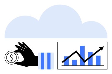 El ele tutuşan bozuk para bulutun altında, ekranda yükselen tablo finansal büyümeyi ve veri analizini simgeliyor. Finans, yatırım, teknoloji, iş stratejisi, ekonomi, dijital bankacılık, ekonomi için ideal