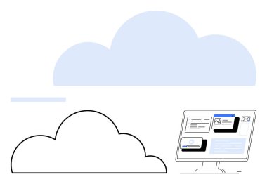 Ekran görüntüleme uygulamalarının yanında bulut silueti, teknoloji, depolama ve ağ oluşturmayı temsil ediyor. Yenilik, otomasyon, hesaplama, bağlantı, yazılım analizleri için idealdir.