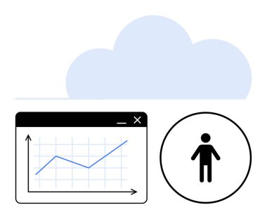 Tarayıcı penceresinin içindeki mavi grafik yumuşak bir bulut altında bir kullanıcı simgesi ile yan yana. Veri analizi, kullanıcı bağlantısı, bulut hesaplaması, görselleştirme, profesyonel araçlar, verimlilik, düz basit
