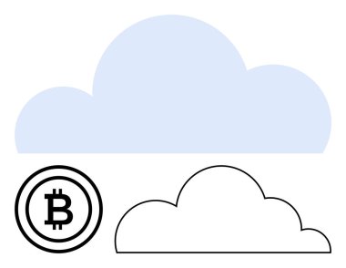 Büyük mavi bulut, ana hatlı bulut ve bulut hesaplama, kripto para birimi ve dijital ekonomiyi temsil eden Bitcoin sembolü. Finans, engelleme zinciri, teknoloji, ademi merkeziyet yeniliği için ideal