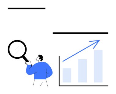 Elinde büyüteç tutan kişi yukarı doğru çizelgeyi analiz ediyor. Analiz, ilerleme, büyüme, iş, rapor, veri keşfi ve strateji için ideal. Düz basit metafor