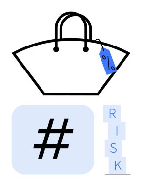 İstiflenmiş blokların yanında fiyat etiketi ve meta veri etiketi olan bir alışveriş torbası. Perakende, çevrimiçi alışveriş, sosyal medya pazarlaması, markalaşma, risk yönetimi, analizler, soyut çizgi
