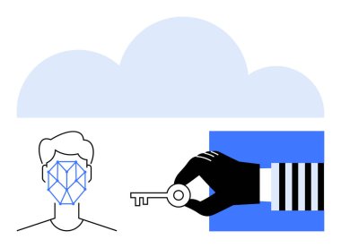 Yüz tarama şablonu, el ele tutuşma anahtarı ve bulut arkaplanı. Güvenlik, teknoloji, biyometri, kimlik doğrulama, gizlilik veri depolama kontrolü için ideal. Düz basit metafor