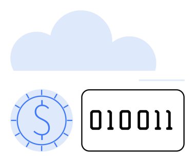 Bir doların üzerinde para ve dijital para birimini, çevrimiçi işlemleri ve veri depolamayı temsil eden ikili kod. Fintech, kripto para birimi, engelleme zinciri, bulut hesaplama, dijital yenilik için ideal