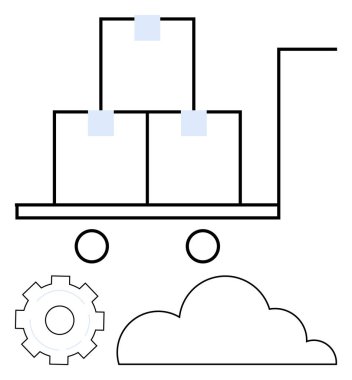 Üç paket bir arabaya istiflenmiş, teçhizat belirleme süreci, ve teknoloji bağlantısı için bulut. İkmal zinciri, lojistik, teknoloji, depo, e-ticaret otomasyon yeniliği için ideal. Düz basit