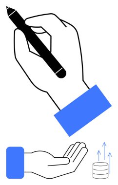 Yaratıcılık için kalem kullanımı desteğin ve istiflenmiş paraların yanında gelişen okları simgeleyen açık el hareketleriyle eşleştirilir. Tasarım, strateji, işbirliği, yenilik, üretkenlik, kalkınma için ideal