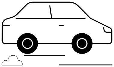 Hareket çizgileri olan basit siyah beyaz bir araba çizimi ve hareket etmek için küçük bir bulut. Ulaşım, seyahat, hız, hareket kabiliyeti, verimlilik, otomotiv, sürdürülebilirlik için ideal. Düz basit