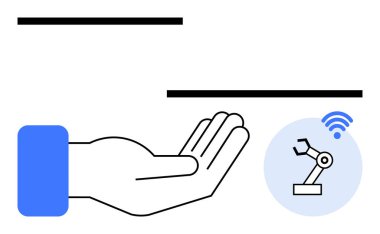 Mavi dairede kablosuz sinyalle robot kola doğru açık el uzanıyor. Yenilik için ideal, otomasyon, teknoloji, bağlantı, endüstri 4.0, insan-robot etkileşimi, düz basit metafor