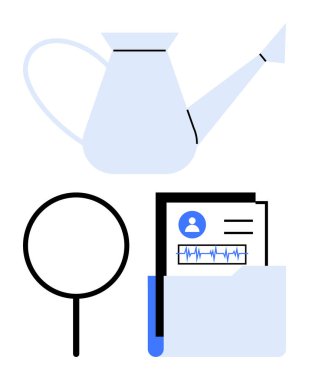 Sulama büyümeyi, denetleme için büyütme bardağını ve beslenme, analiz, kullanıcı araştırması ve organizasyonu temsil eden açık klasördeki kullanıcı profili belgesini doldurabilir. İş ve öğrenim için ideal