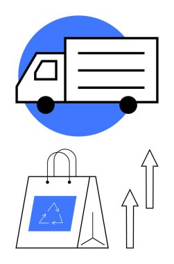 Geri dönüşüm işaretli nakliye kamyonu ve geri dönüşümlü çanta sürdürülebilirliği vurguluyor. Yukarı çıkan oklar ilerlemeyi sembolize eder. Ekoloji, dağıtım, e-ticaret, ambalaj, geri dönüşüm, lojistik, yeşil