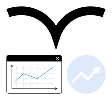 Tarayıcı penceresi ve ok simgesinde yükselen çizgi grafiğinin üzerindeki siyah soyut büyüme simgesi. İş, büyüme, başarı, analitik, finans, strateji ve performans için ideal. Düz basit metafor