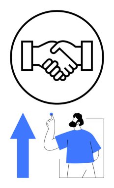 Anlaşmayı simgeleyen daire şeklinde tokalaşma, ilerlemeyi gösteren yukarı doğru ok, yenilik için ampul tutan kişi. Takım işbirliği, büyüme, ortaklık, başarı ve ilerleme için ideal